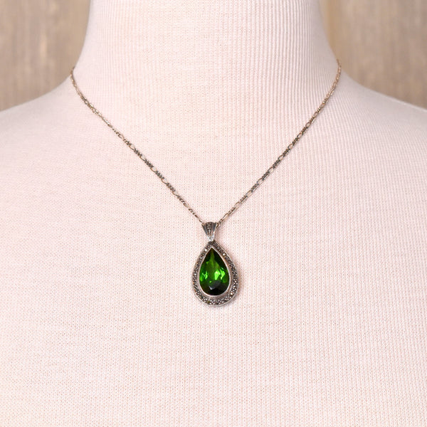 925 Green Teardrop Pear Marcasite Pendant Necklace