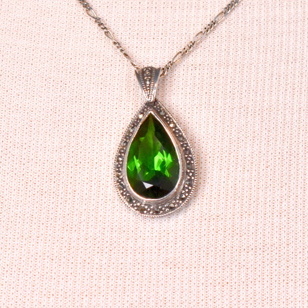 925 Green Teardrop Pear Marcasite Pendant Necklace