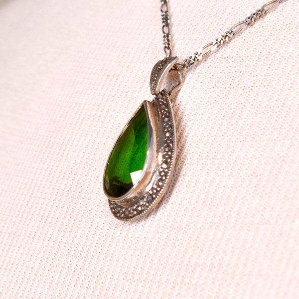 925 Green Teardrop Pear Marcasite Pendant Necklace