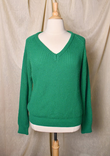 1970s Green Chunky Knit V Neck Sweater