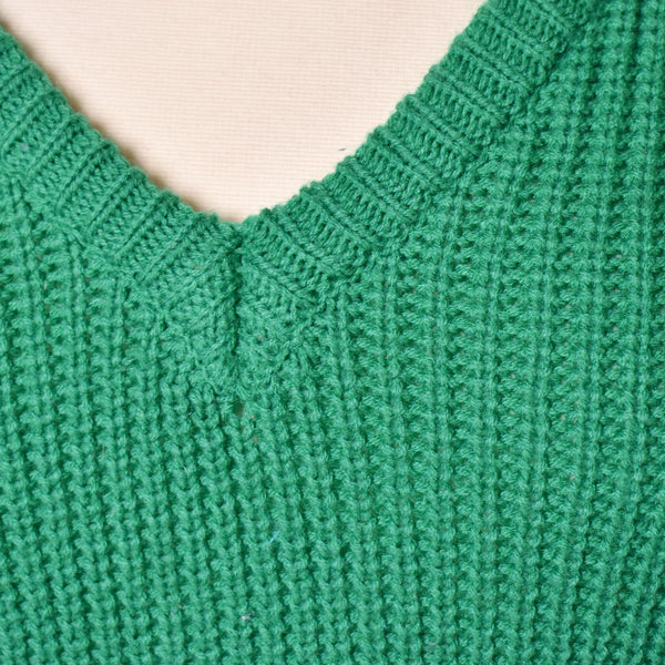 1970s Green Chunky Knit V Neck Sweater