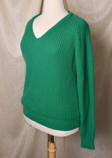 1970s Green Chunky Knit V Neck Sweater