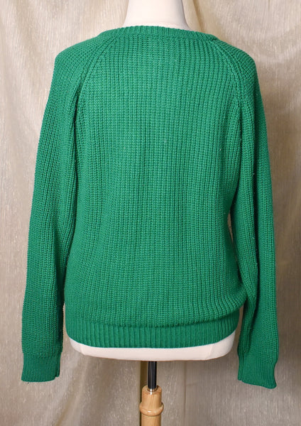 1970s Green Chunky Knit V Neck Sweater