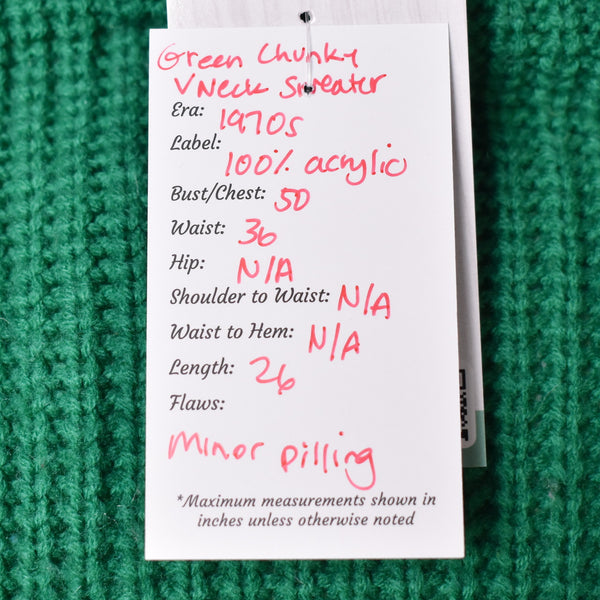 1970s Green Chunky Knit V Neck Sweater