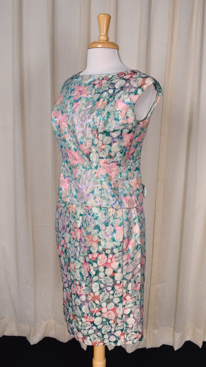 1960s Metallic Floral Brocade Sheath Dress Set