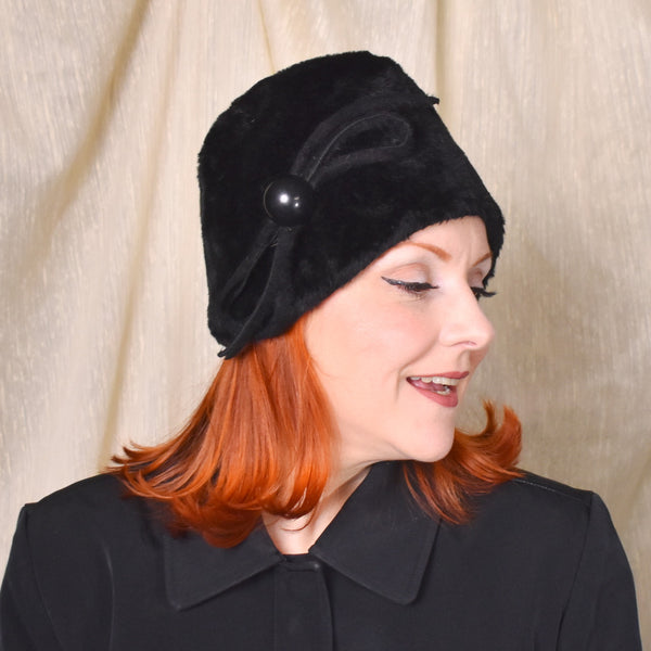1960s Mr. John Jr Black Velvet Button Hat