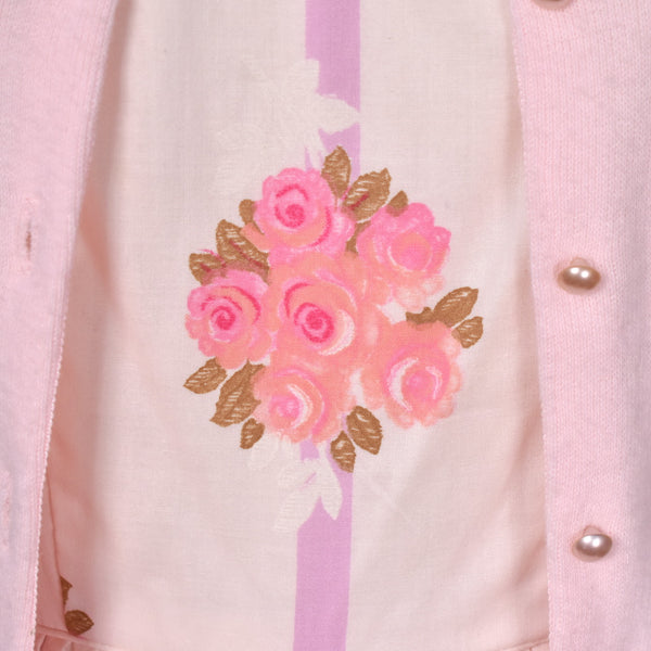 1950s Pink Roses Gilden Swing Dress w Rhinestone Cardigan
