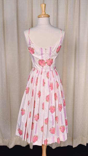 1950s Pink Roses Gilden Swing Dress w Rhinestone Cardigan
