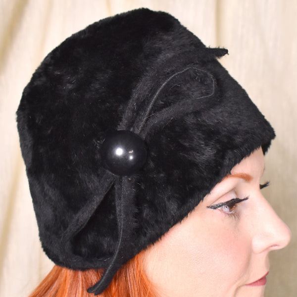 1960s Mr. John Jr Black Velvet Button Hat