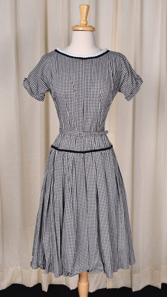 1960s Black Gingham Button Back Swing Dress