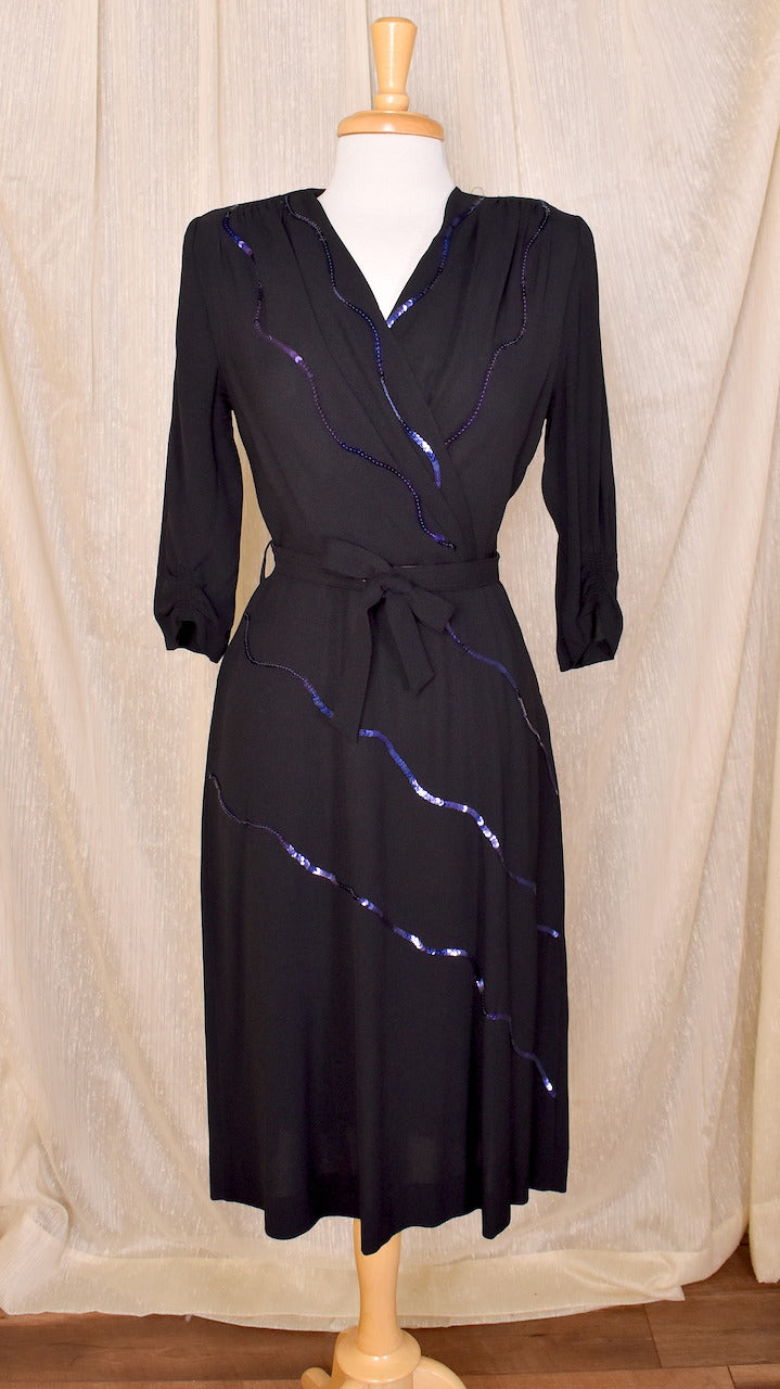 1940s Black Dress with Blue Sequins Cats Like Us 1940s Black Dress with Blue Sequins Cats Like Us