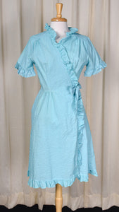 1960s Blue Gingham Seersucker Ruffle Wrap Dress