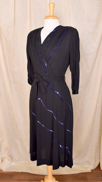 1940s Black Dress with Blue Sequins