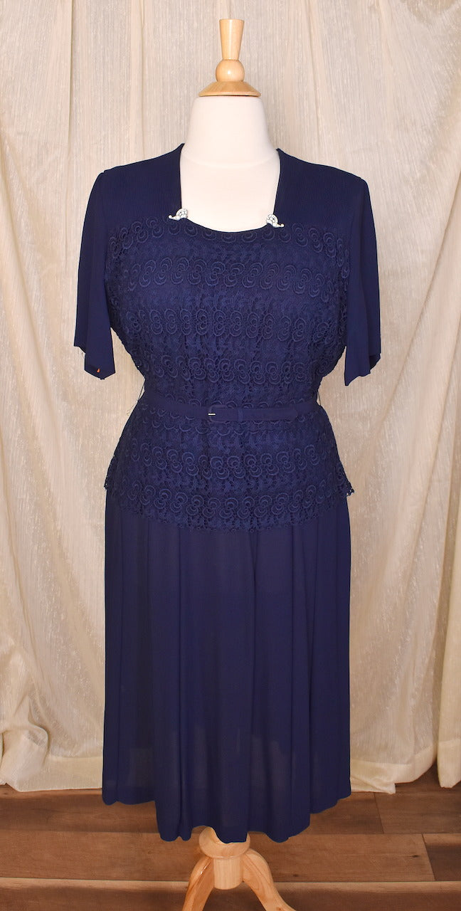 1940s Navy Eyelet Rhinestone Dress