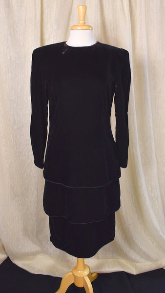 1990s Rich Black Velvet Drop LBD Waist Dress