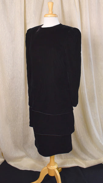 1990s Rich Black Velvet Drop LBD Waist Dress