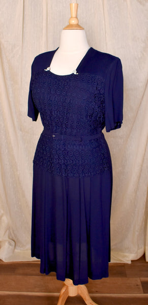 1940s Navy Eyelet Rhinestone Dress