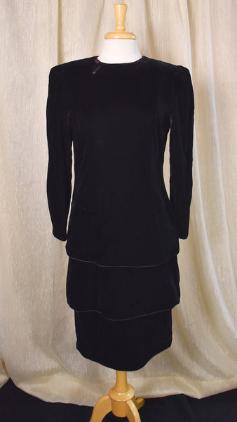 1990s Rich Black Velvet Drop LBD Waist Dress