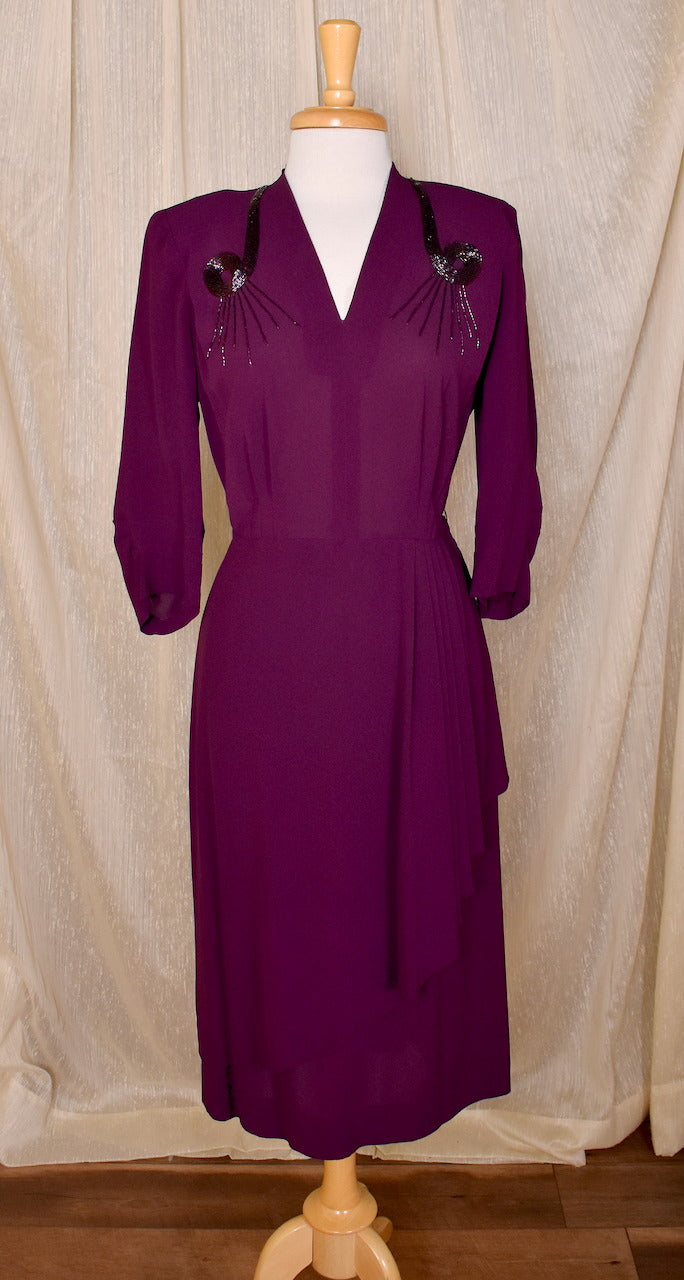 1940s Rich Plum Beaded Dress