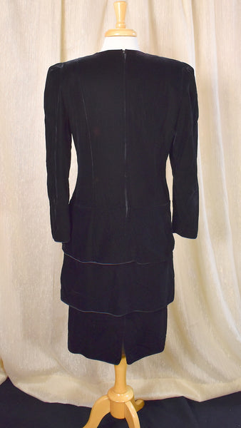 1990s Rich Black Velvet Drop LBD Waist Dress