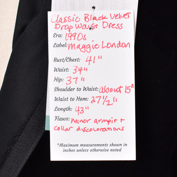 1990s Rich Black Velvet Drop LBD Waist Dress