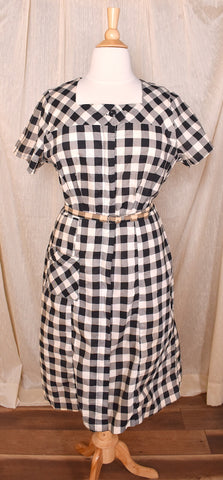 1940s Black & White Gingham Pocket Dress