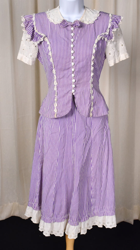 purple eyelet dress 1940s Purple Striped Eyelet Dress Set – Cats Like Us