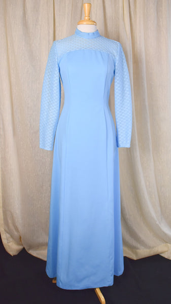 1960s Ultra Long Powder Blue Lace Maxi Dress