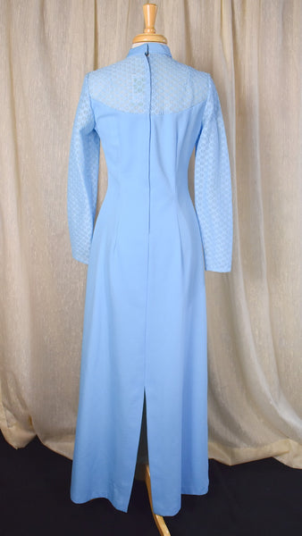 1960s Ultra Long Powder Blue Lace Maxi Dress