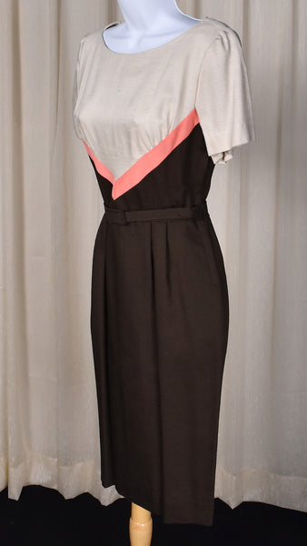 1960s Brown Chevron Color Block Wiggle Dress