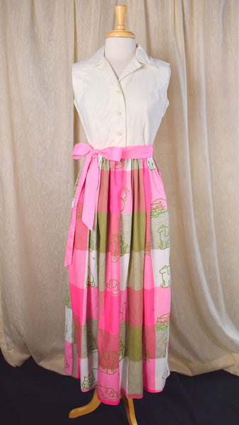 1960s Vested Gentress Cats & Dogs Maxi Shirt Dress