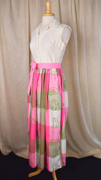 1960s Vested Gentress Cats & Dogs Maxi Shirt Dress