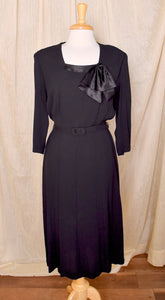 1940s Black Satin Bow LBD Dress