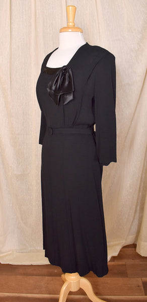 1940s Black Satin Bow LBD Dress