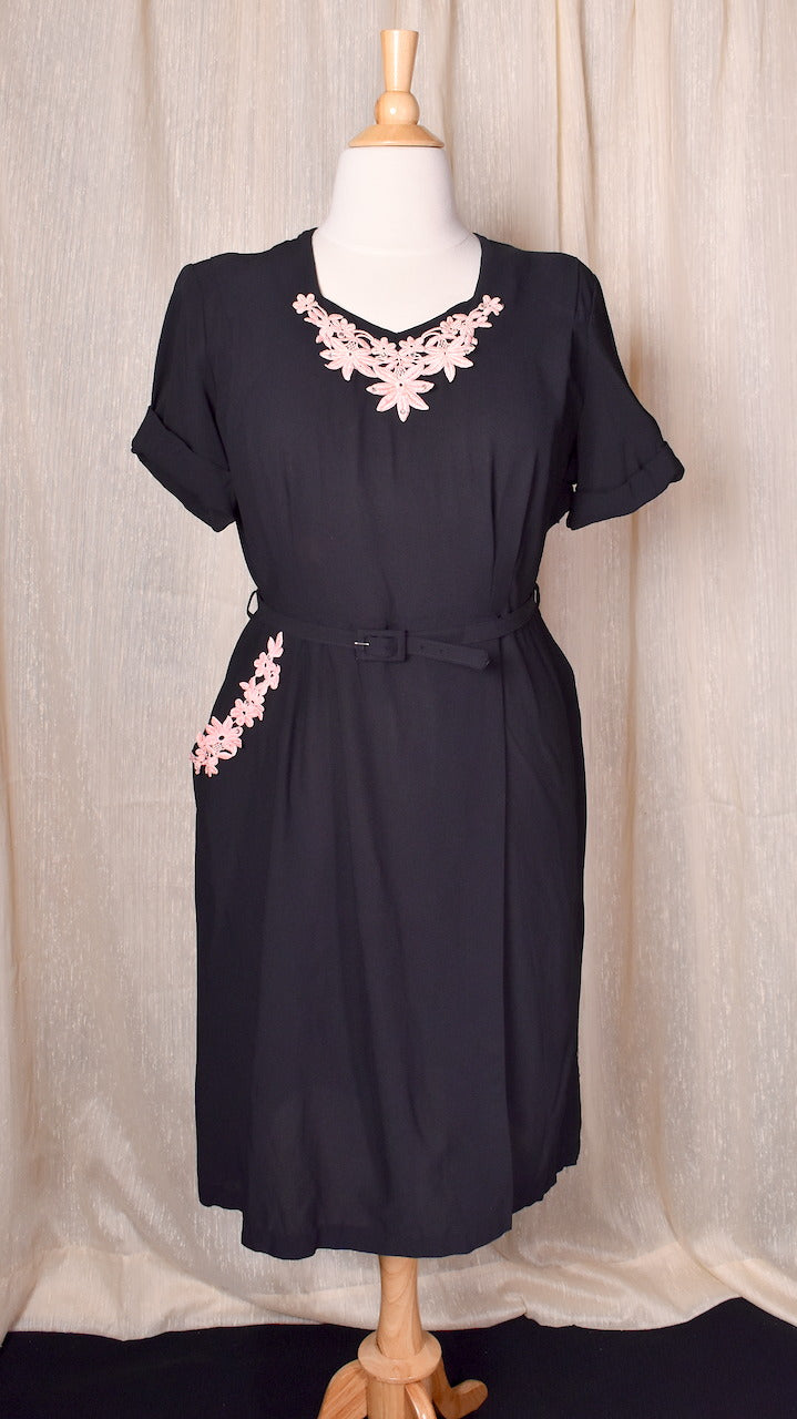 1950s Black & Pink Rhinestone LBD Dress