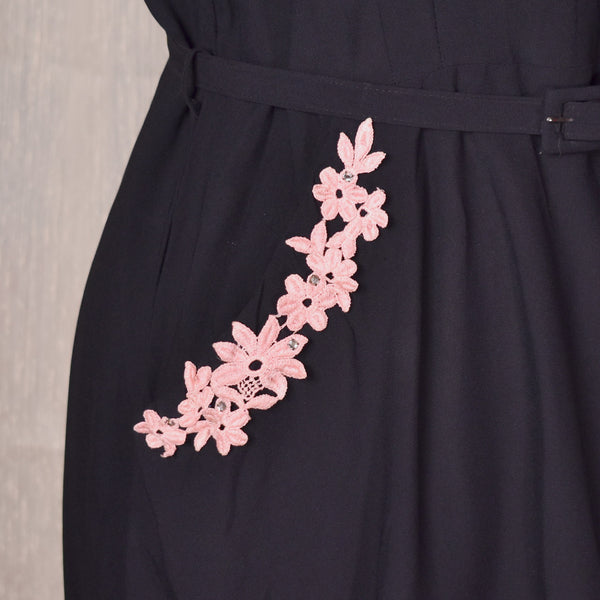 1950s Black & Pink Rhinestone LBD Dress