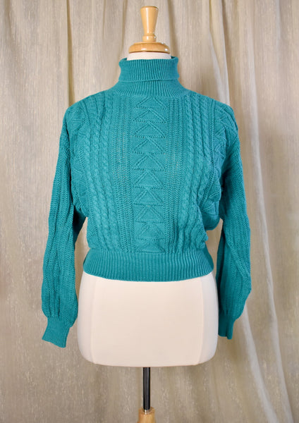 1980s Teal Button Back Cropped Sweater