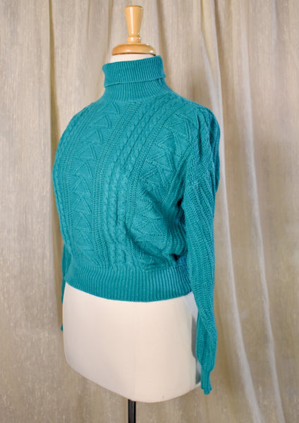 1980s Teal Button Back Cropped Sweater