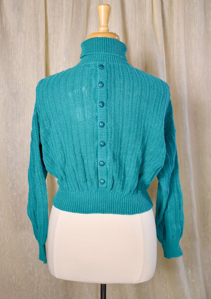 1980s Teal Button Back Cropped Sweater