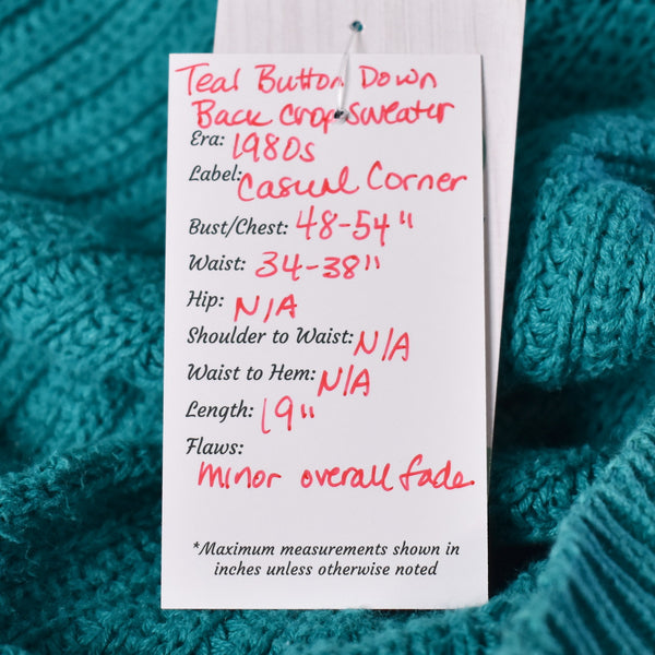 1980s Teal Button Back Cropped Sweater