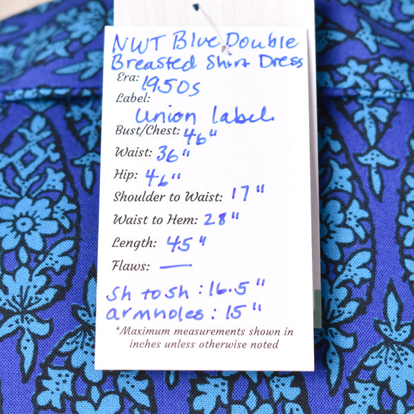 NWT 1950s Blue Asymmetrical Shirt Dress