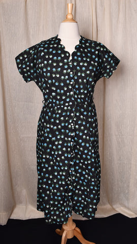 1940s Blue Rose Scallop Button Down Dress