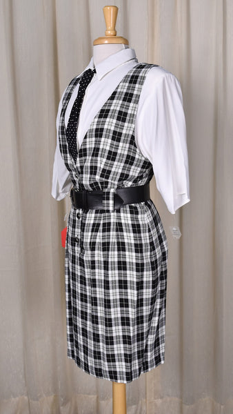 NWT 1990s Black & White Plaid Dress Skirt Jumper w Blouse & Tie