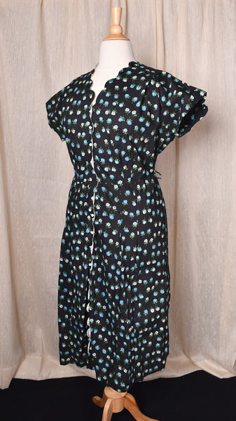 1940s Blue Rose Scallop Button Down Dress