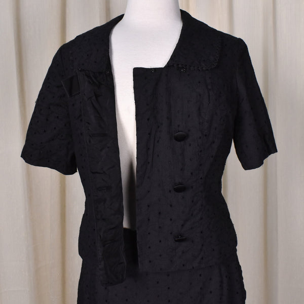 1950s Black Eyelet Bow Skirt Suit