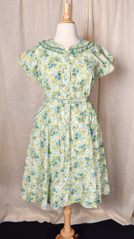 1950s Teal Floral Squares Dress