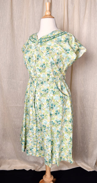 1950s Teal Floral Squares Dress