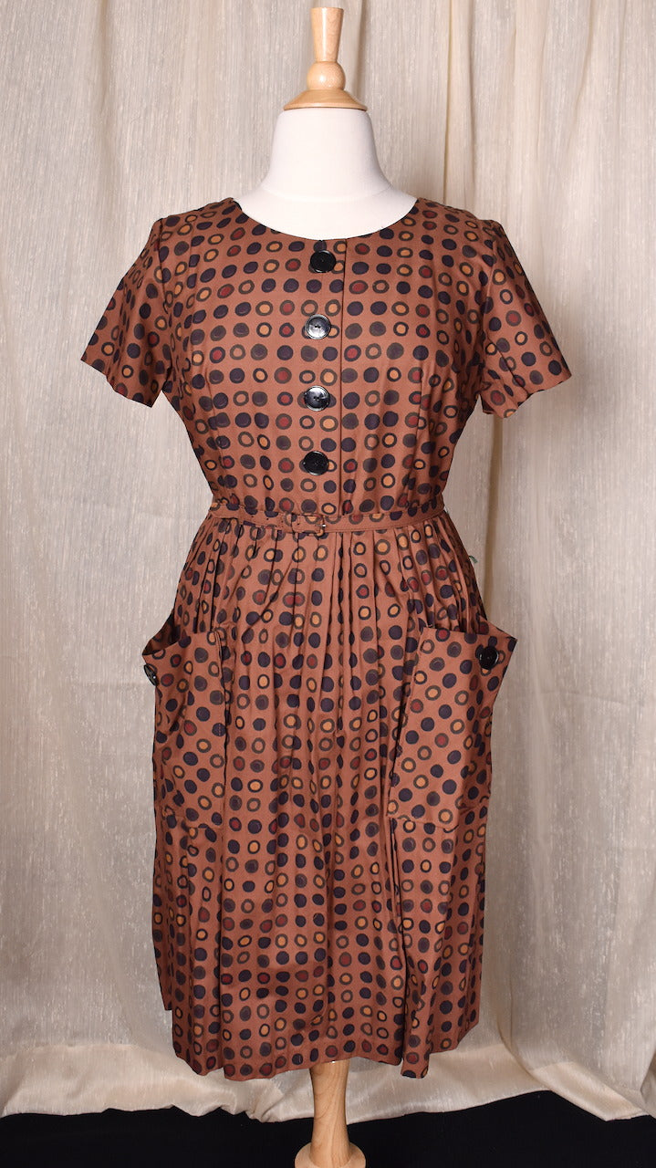 NWT 1950s Brown Polka Dot Pocket Dress