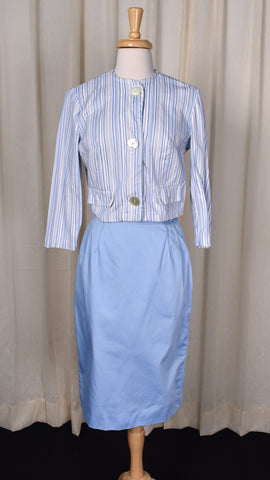 1950s Blue Striped Jacket Skirt Suit Set