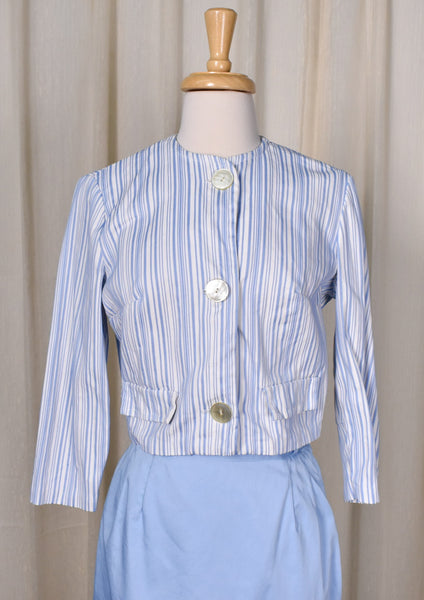 1950s Blue Striped Jacket Skirt Suit Set